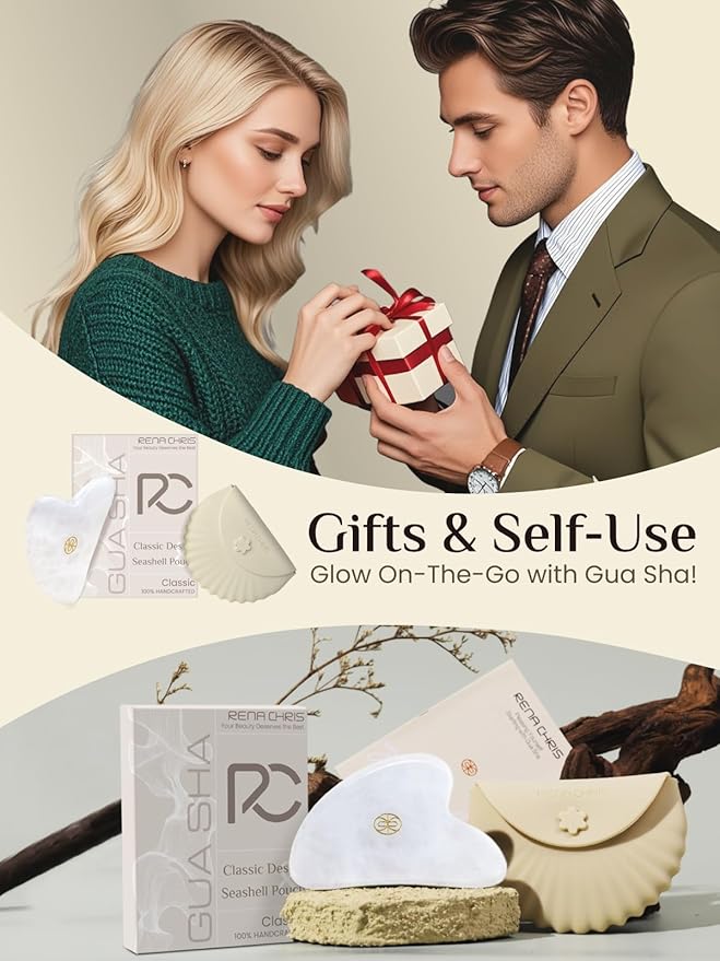 Rena Chris Gua Sha Facial Tools, Jade Guasha Tool for Acupuncture, Manual Massage Tool for Jawline Sculpting and Puffiness Reducing, Gua Sha Facial Massage Tool with Silicone Case (White)