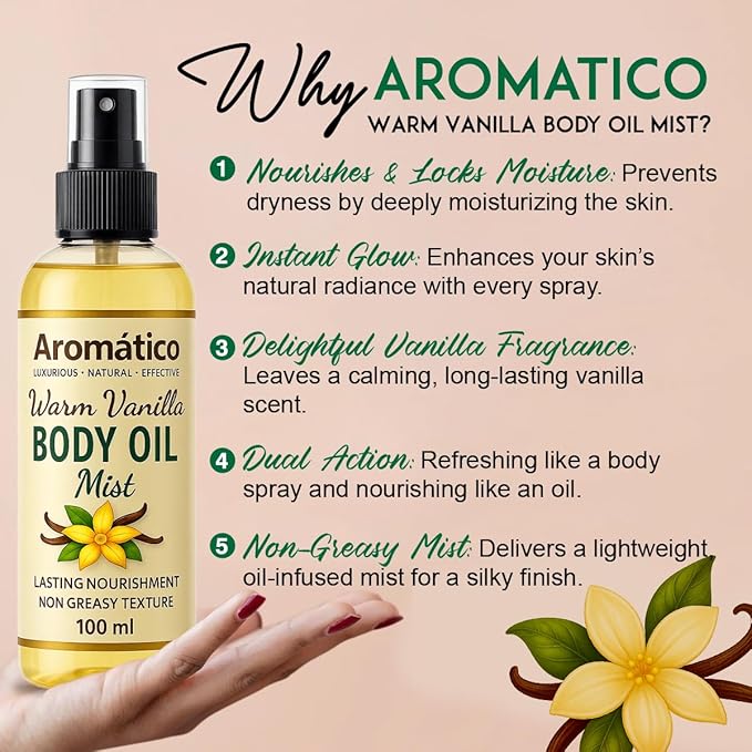 Warm Vanilla Mini Body Oil Mist for Women | Lightweight, Non-Sticky, Spray-on formula for Daily use After Shower | Moisturized, Soft, Glowing Skin | Cozy, Creamy Vanilla Scent - 4 Fl Oz