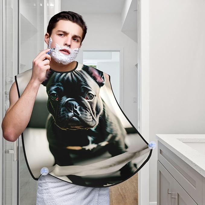 Adorable French Bulldog Print Beard Bib Apron For Men, Beard Hair Catcher For Men Shaving Trimming,Beard Cape Cloth, Black