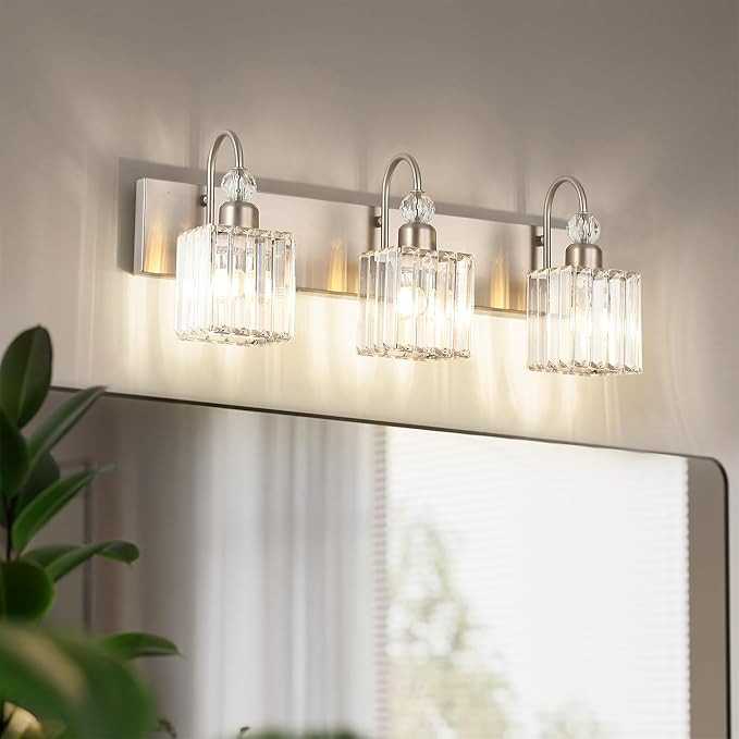 Ralbay Brushed Nickel Vanity Light for Bathroom Crystal 3-Light Modern Crystal Bathroom Light Fixtures