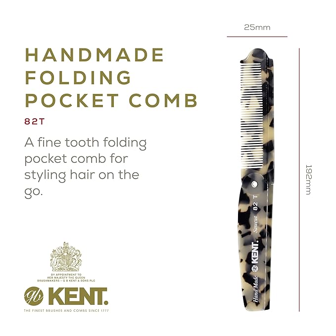Kent 82T TW Handmade Folding Pocket Comb for Men, Fine Tooth Hair Comb Straightener for Everyday Grooming Styling Hair, Beard or Mustache, Use Dry or with Balms, Saw Cut Hand Polished, Made in England