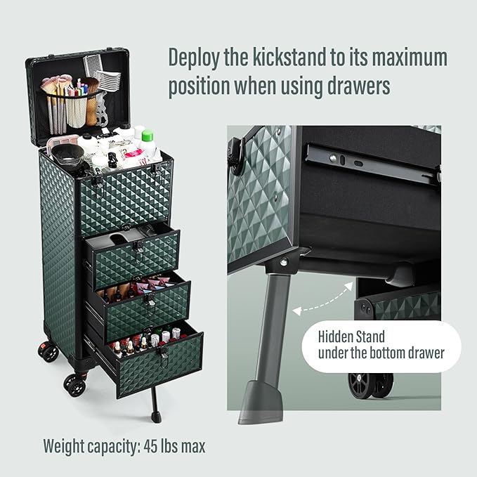 Nail Trolley Cart with 3 Drawers, Salon Station Cosmetology Case on Wheels Rolling Makeup Train Case Nail Case Organizer Beauty Salon Travel Case for Nailart,SPA,Hairstylist,Artist,Dark Green
