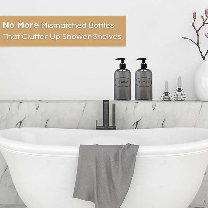 Bottiful Home-16 oz Shampoo and Conditioner Refillable Empty Plastic Pump Bottle Dispenser Set (Gray)