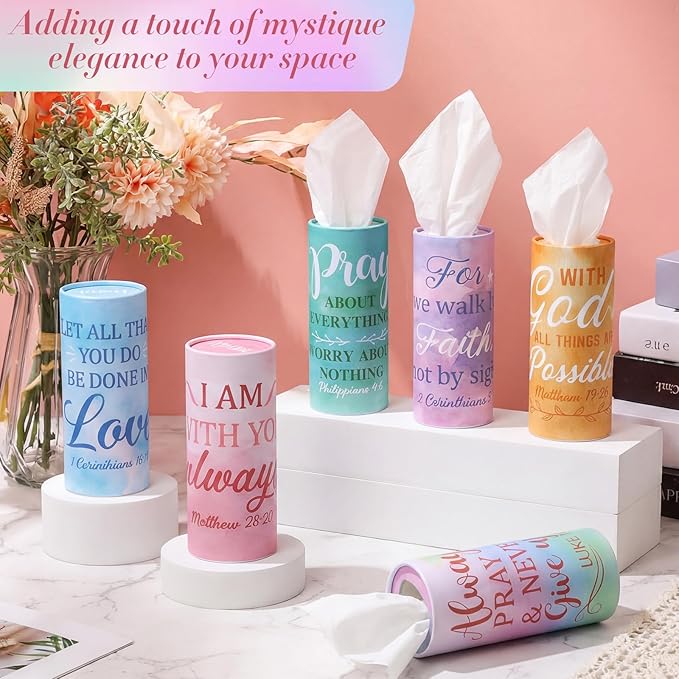 Outus 12 Pcs Christian Car Tissues Cylinder Holder with 3 Ply Facial Tissue Bulk Watercolor Religious Tissue Holder Travel Tissues Boxes Container for Home Mother's Gift for Church Ladies