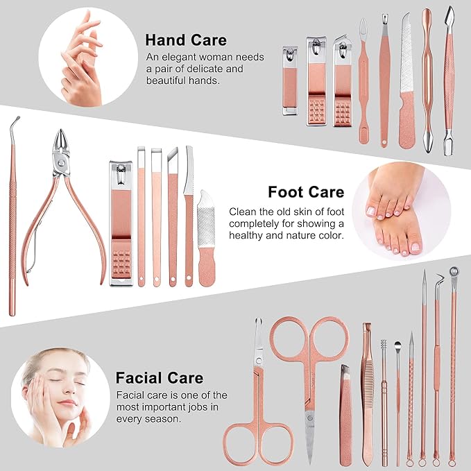 Manicure Set,ewinever 26PCS Professional Pedicure Kit Stainless Steel Nail Clippers Grooming Tools Kit Men and Women Nail Care Tools with Pink Leather Travel Case-Rose Gold