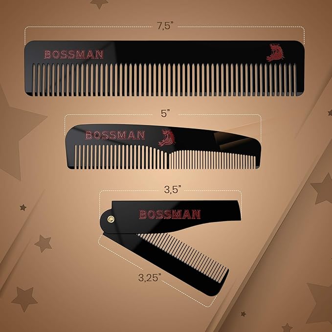 Bossman Acetate Beard, Mustache, & Hair Comb Set of 3 - Combs for Men with Minimalistic Magnetic Box (7.5-Inch, 5-Inch, 3.5-Inch) - Features Rounded Teeth, Double-Sided Teeth, and Foldable Design