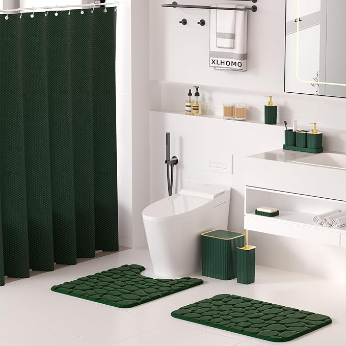 Bathroom Accessory Set - 25PC Green Bathroom Sets, Bathroom Set with Shower Curtain and Rugs, Dark Green Shower Curtain Set, Trash Can, Qtip Holder & Soap Dispenser