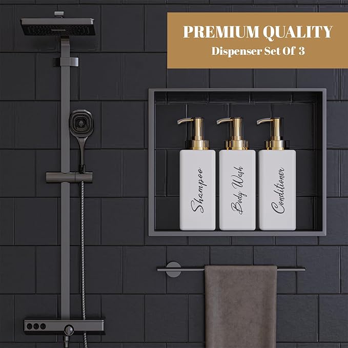 Akalin Refillable Shampoo and Conditioner Bottles, 16oz White and Gold Soap Dispenser Bathroom, Shampoo and Conditioner Dispenser for Bathroom Lotion Body Wash Massage Oils (White)