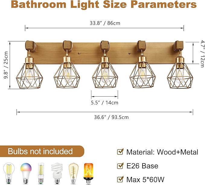 maesta Bathroom Gold Vanity Light Fixtures, 5-Light Gold Bathroom Light Fixtures Over Mirror, Sconces Wall Lighting with Elegant Metal Lampshade for Living Room, Bedroom, Hallway