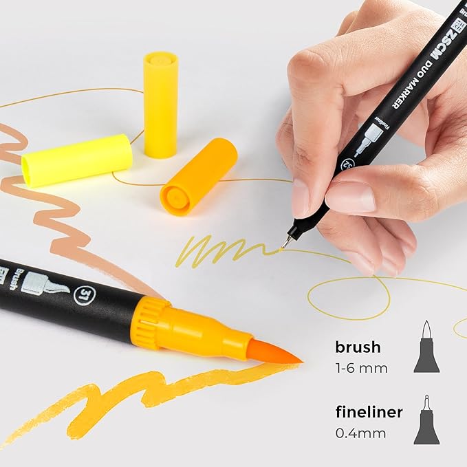 Yellow Duo Tip Marker Pens, 12 Pack Fine & Brush Markers for Adult Coloring Books No Bleeding, Sunshine Yellow Markers for Summer Themes, Sunflower Art, Energetic Accents and Happy Doodles