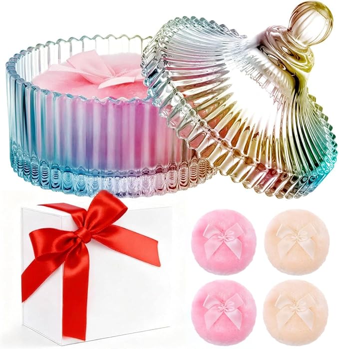 5 Pcs Extra Large Body Powder Puff and Container Set – 5.43" Oversize Crystal Powder Container | 3.54" Ultra-Soft Velour Puff, Washable & Reusable, Ideal for Face/Body Glitter & Wet/Dry Makeup
