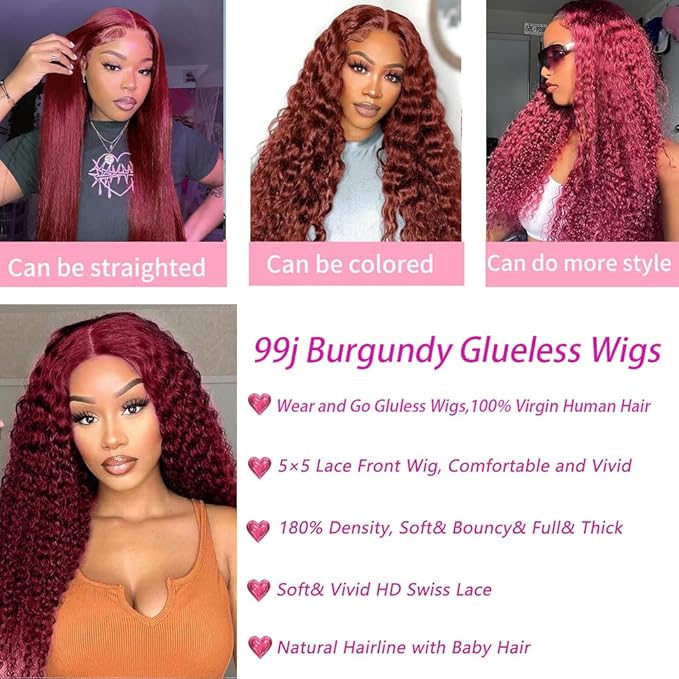 99j Burgundy Deep Wave Lace Front Wigs Human Hair Glueless Wigs Human Hair Pre Plucked Pre Cut 5X5 HD Lace Closure Wigs Curly 180% Density Lace Front Wigs for Black Women 30 Inch