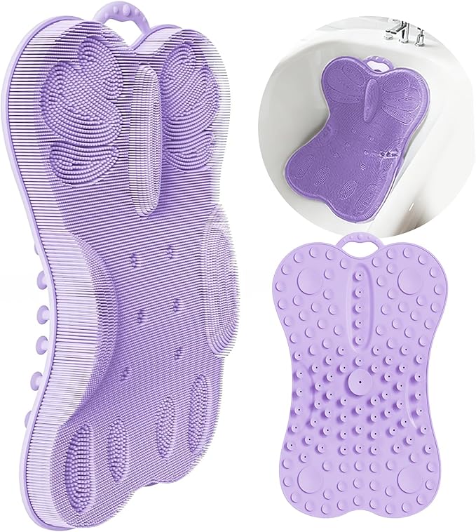 Back Scrubber Body Bath Cushion for Tub Bathtub with Back Lumbar Ergonomic Support, Silicone Extra Large Thick Soft Seat Pad Non-Slip Suction Cups, Relaxing Spa Exfloating Scrubber Mat Purple