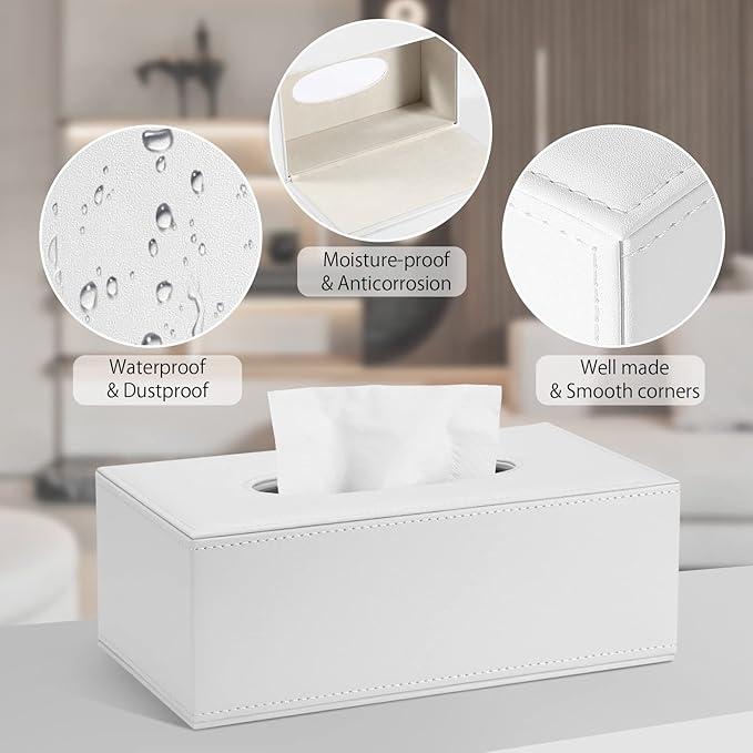 Tissue Box Cover, PU Leather Tissue Box Holder Rectangular Tissue Holders for Home/Office/Car Decoration 9.92"X5.51"X3.62" - White