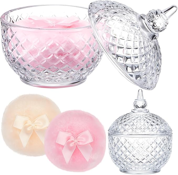 Tioncy 3 Pcs Large Body Powder Puff and Container Valentine's Day gift Powder Container with Puff Crystal Case Soft Washable Reusable Velour Face Body Glitter Wet Dry Makeup(Multi-faceted Cut,Clear)