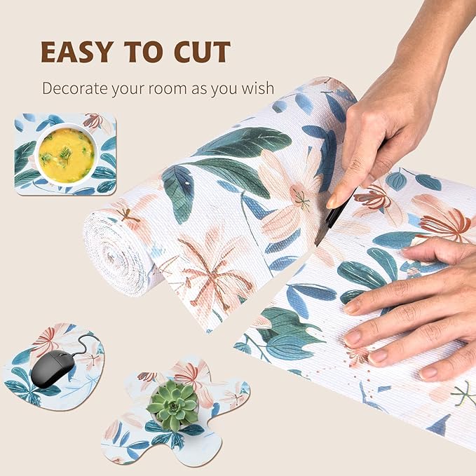 Shelf Liners for Kitchen Cabinets 12in x 10FT, Non Adhesive Drawer Liner Colored Flowers Thickened Shelf Liner Non-Slip Easy to Clean for Tool Box Refrigerator with Knife and Tape Measure