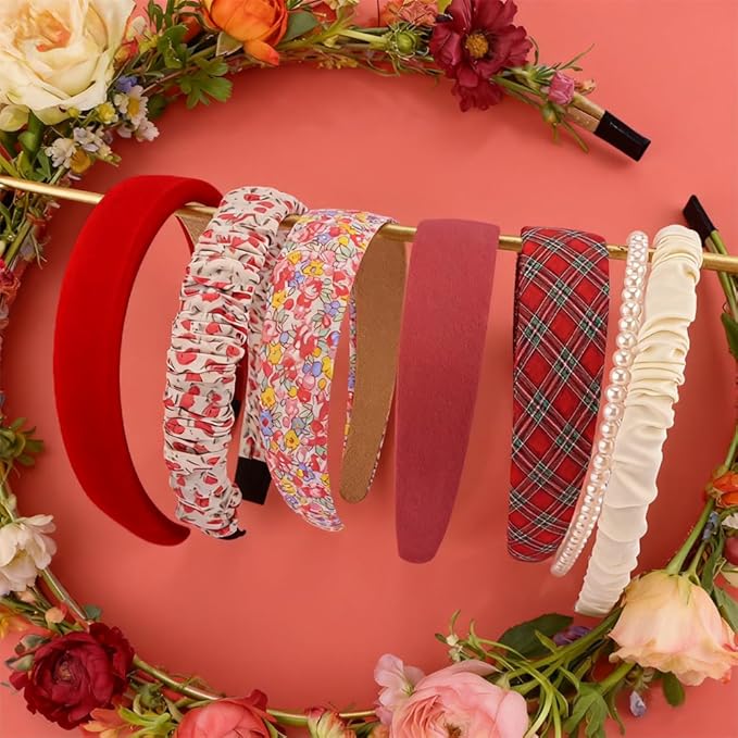 AHONEY 7 Pack Red Headbands for Women Girls Cute Headbands Fashon Non Slip Hairbands Hair Accessories Multi-style Headband Pack