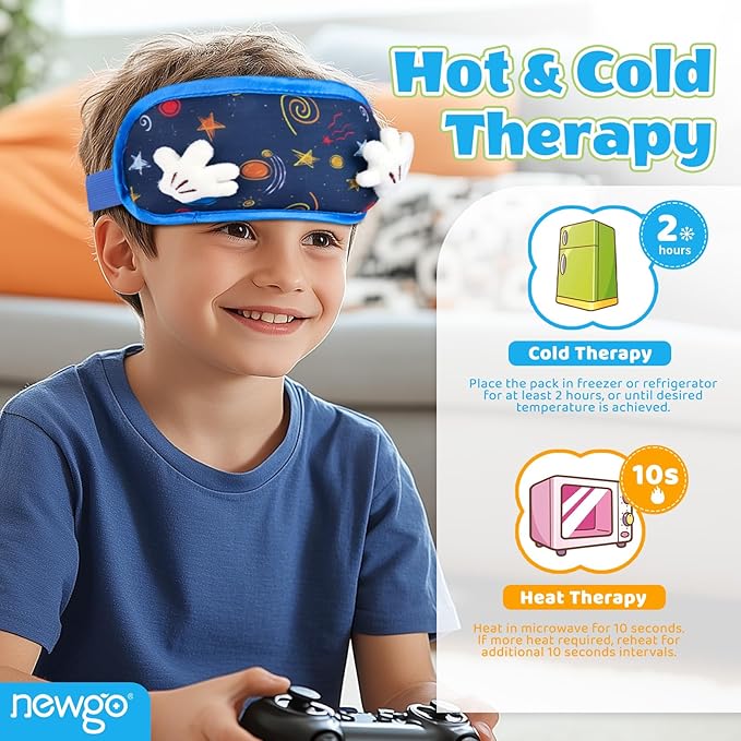 NEWGO Head Ice Pack for Kids Fever, Cute Toddler Gel Ice Packs for Boo Boos Reusable, Cold Head Wrap for Kids Migraine Relief, Headaches, Injuries, Ice Mask for Face, Eyes