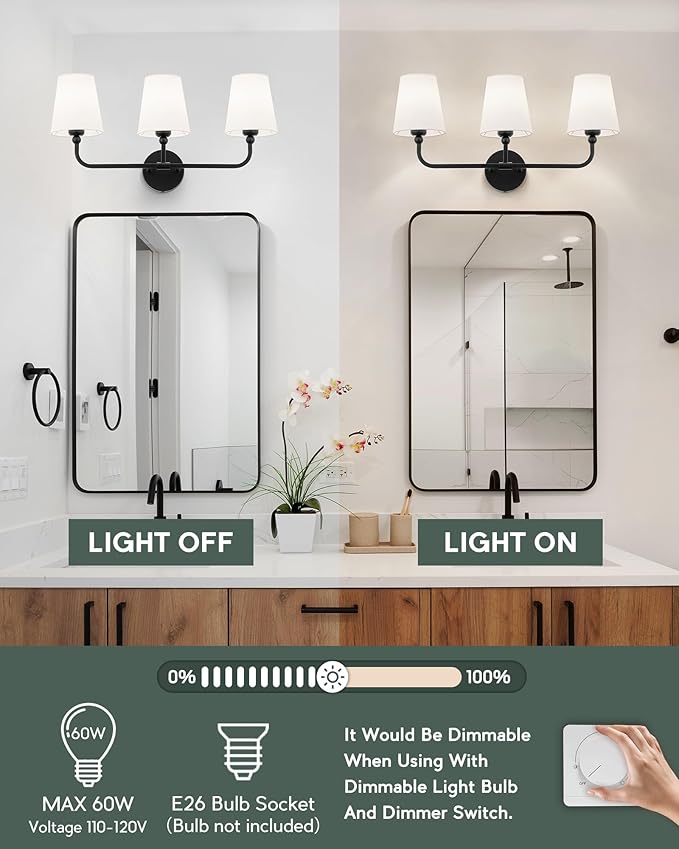Bathroom Light Fixtures, Matte Black Vanity Lights with Flared White Fabric Shade, 3 Light Wall Sconce, Modern Sconces Wall Lighting for Hallway Bedroom, VL837-MB-3