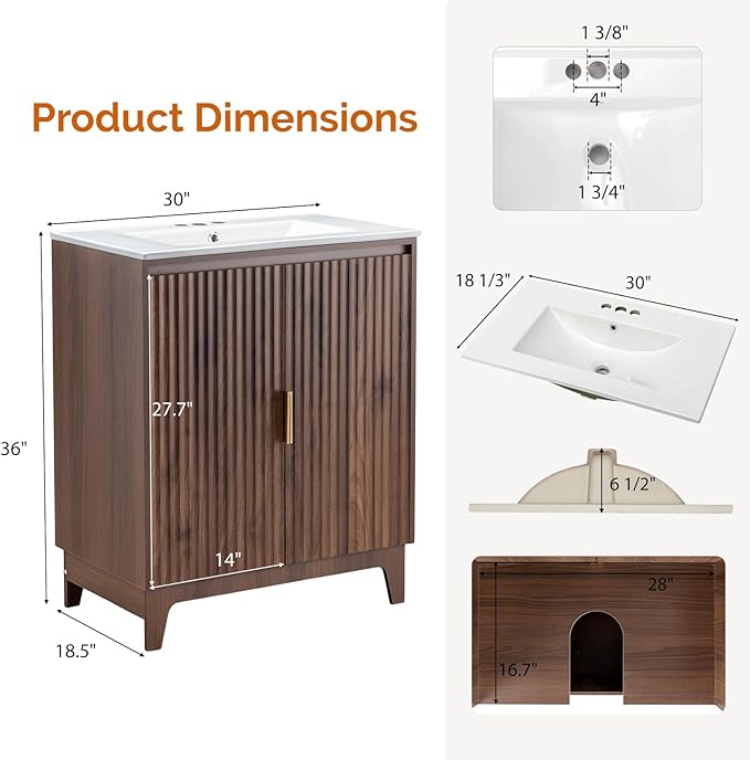 VINGLI 30 Inch Bathroom Vanity with Sink, Mid-Century Modern Vanity with Ceramic Basin and Fluted Soft-Close Doors, U-Shape Storage Shelf,Free Standing Small Bathroom Sink Cabinet Combo Set,Walnut