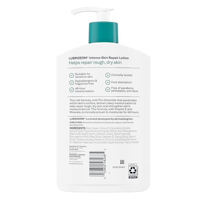 Lubriderm Intense Skin Repair Moisturizing Hand & Body Lotion + Pro-Ceramide, 48-Hour Hydration for Rough, Dry, & Sensitive Skin, Non-Greasy, Hypoallergenic, Lightly Scented, 16 fl. oz