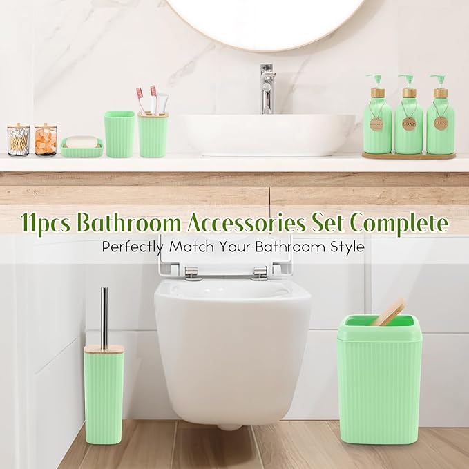 Green Bathroom Accessories Set 17PCS Bathroom Set with Trash Can 3PCS Lotion Soap Dispenser, Toothbrush Holder, 6PCS Wood Tags Bath Accessories with Tray for Kitchen Bathroom
