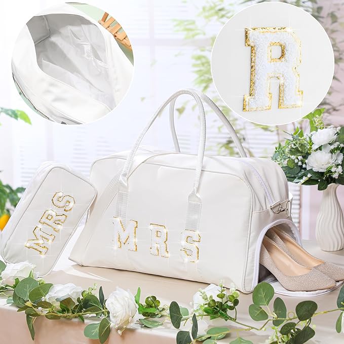 2 Pcs Wedding Weekender Bag Bride Groom Duffle Bag Chenille Letter Patch Travel for Bridal Shower Honeymoon Gift(Mrs,White)