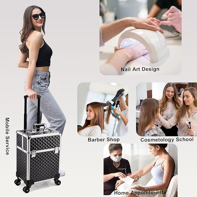 Stagiant Rolling Makeup Train Case Large Storage Cosmetic Trolley 4 Tray with Sliding Rail Removable Middle Layer with Key Swivel Wheels Salon Barber Case Traveling Cart Trunk