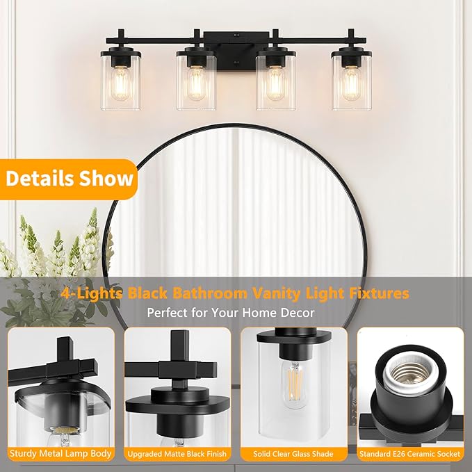 4-Lights Matte Black Bathroom Light Fixture, Modern Black Vanity Lights Over Mirror with Clear Glass Shade, Bathroom Wall Mounted Lamp for Mirror Living Room Hallway Cabinet