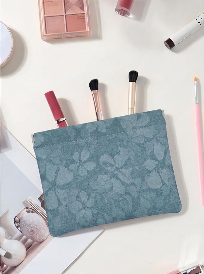 Flower Light Blue PU Leather Makeup Pouch Set for Women Floral Small Make Up Bag for Purse Waterproof Initial Makeup Cosmetic Bags Pouches for Purse Aesthetic Travel Toiletry Bag,