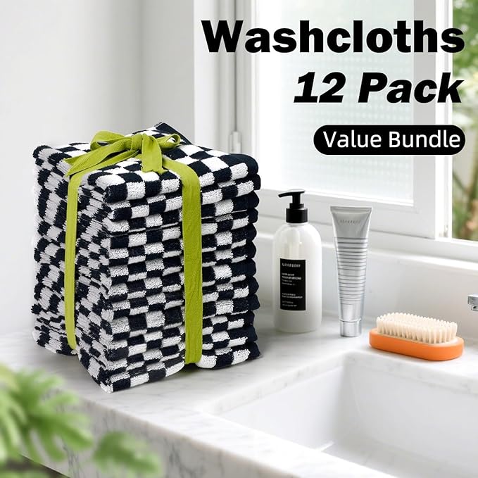 Jacquotha Washcloths 12 Pack Checkered - Wash Cloths for Showering (13"x13") in Black, Multi-Purpose Bathroom Face Cloths, Soft and Quick Dry