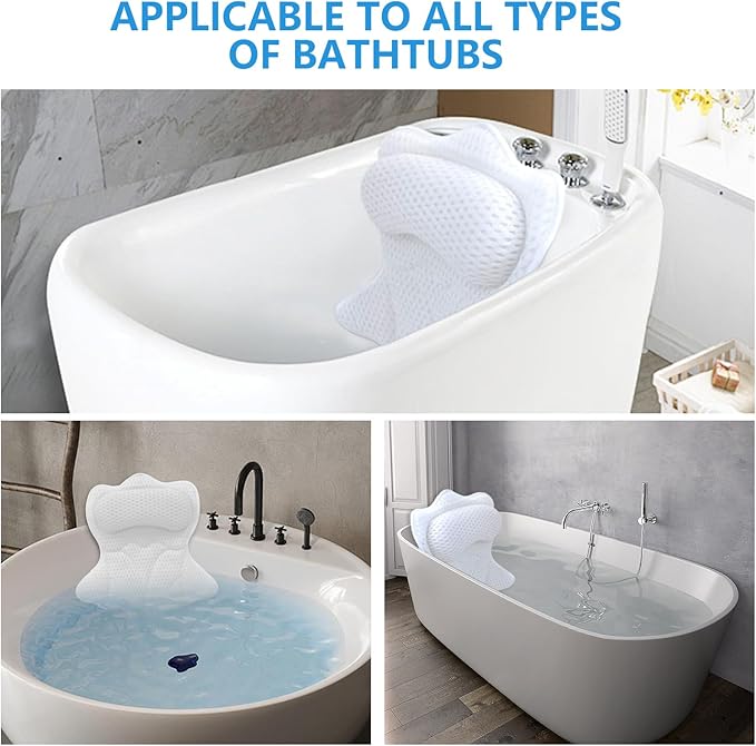 REEZEIVI Bath Pillows for Tub,Bath Pillow with 6 Non-Slip Suction Cups,Soft 4D Mesh Fabric,Bathtub Pillows for Tub Neck and Back Support,Extra Thick Luxury Bathtub Pillows,White