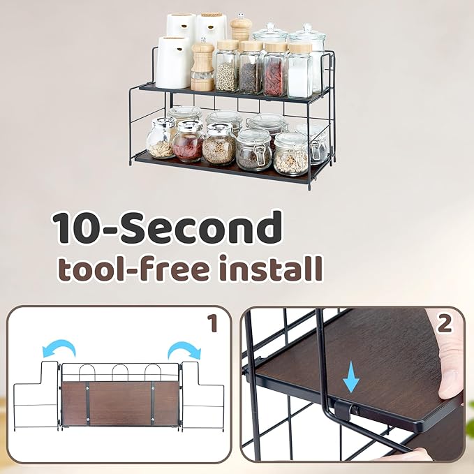 Bathroom Counter Organizer 10s Tool-Free Install, 2 Tier Bathroom Organizers and Storage, Collapsible Bathroom Organizer Countertop, Wood Bathroom Kitchen Countertop Organizer, Black