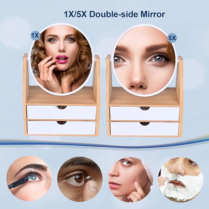 1x / 5X Magnifying Makeup Mirror, Jewelry and Cosmetics Storage Box with Double Drawers, Adjustable Natural Bamboo Stand, 360° rotatable Vertical Desktop Mirror (1, Oval)