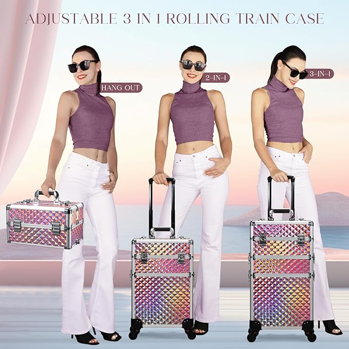 FRENESSA 3 in 1 Rolling Makeup Train Case Portable Cosmetic Trolley Large Storage for Professional with 360° Swivel Wheels Salon Barber Case Traveling Cart Trunk - Glitter Pink