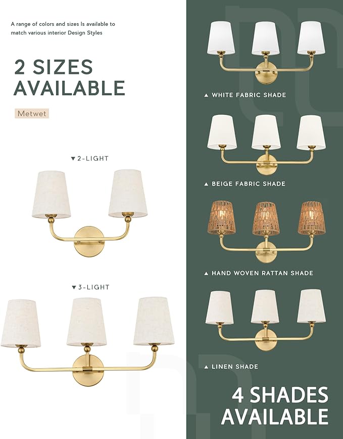 3-Light Bathroom Light Fixtures, Brushed Gold Vanity Lights with Linen Fabric Shade, Modern Sconces Wall Lighting for Hallway Bedroom, Upward Lighting, VL837-BG-A-3