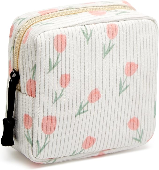 Small Makeup Bag for Purse,Mini Cosmetics Bag cute Zipper corduroy Cosmetic Pouch Storage Pouch Travel Toiletry Organizer for Women Girls(Tulip White)