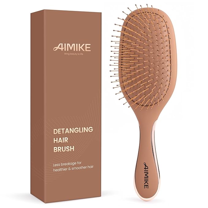 AIMIKE Mocha Mousse Detangler Brush, Pain-Free Detangling Brush with Ultra-Soft FlexGlide Bristles, Effortlessly Remove Knots & Reduce Hair Breakage, Wet Dry Paddle Brush for Women Thin Fine Hair