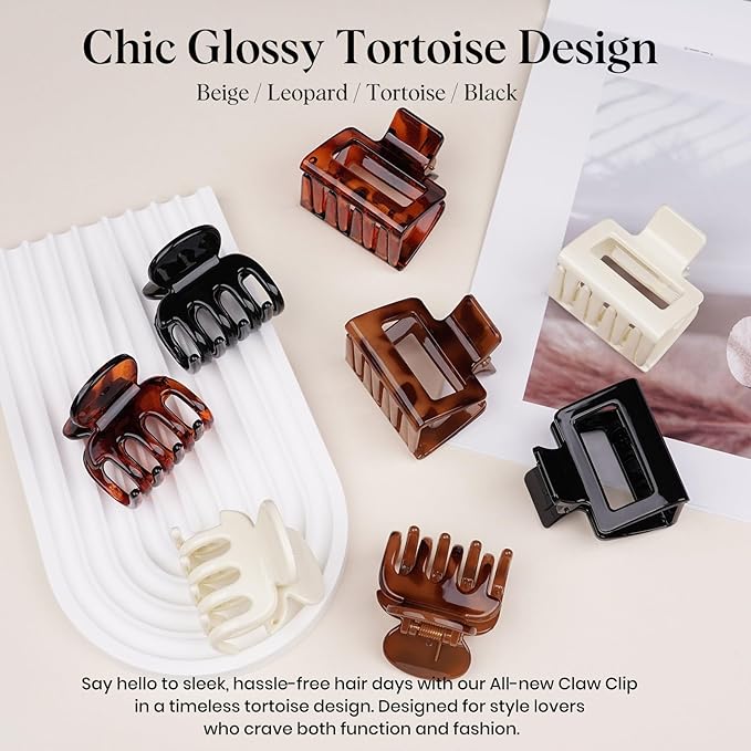 8 PCS Medium Hair Clips for Women Girls - 2 Styles Rectangle Small Claw Clips for Thin Thick Curly Hair, Strong Hold Non-Slip Jaw Clip, Cute & Stylish Leopard Print Hair Accessories, Tortoise