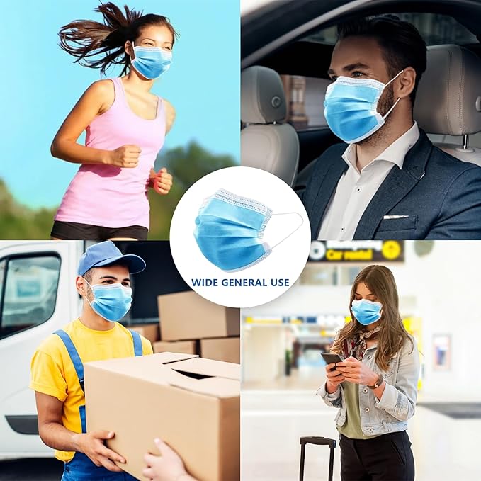 100Pcs Blue Disposable Face Mask, 3 Ply Masks with Soft Elastic Ear loops