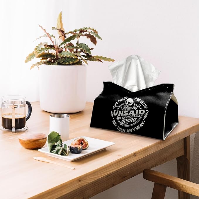 Skeleton Funny Tissue Box Cover Rectangle, Gothic Skull Tissue Box Holder, Black Facial Paper Case for Bathroom Kitchens Livingroom, Halloween Kitchen Accessories Gifts for Women Home 9.8x5.9x5.9