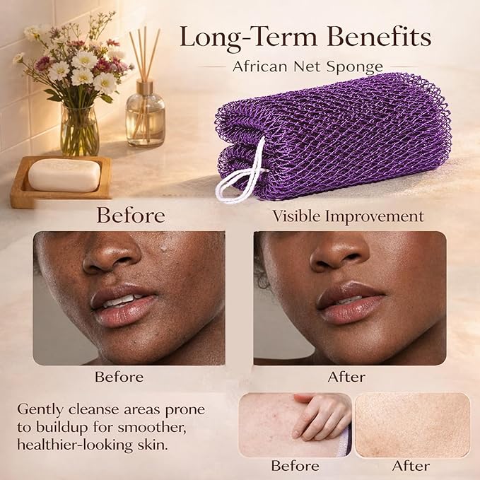 African Net Sponge Authentic, 3 Pieces African Exfoliating Net Sponge Body Back Scrubber Exfoliating Washcloth for Shower Bath for All Types Skin (Black+Pink+Blue, 3 Pcs)