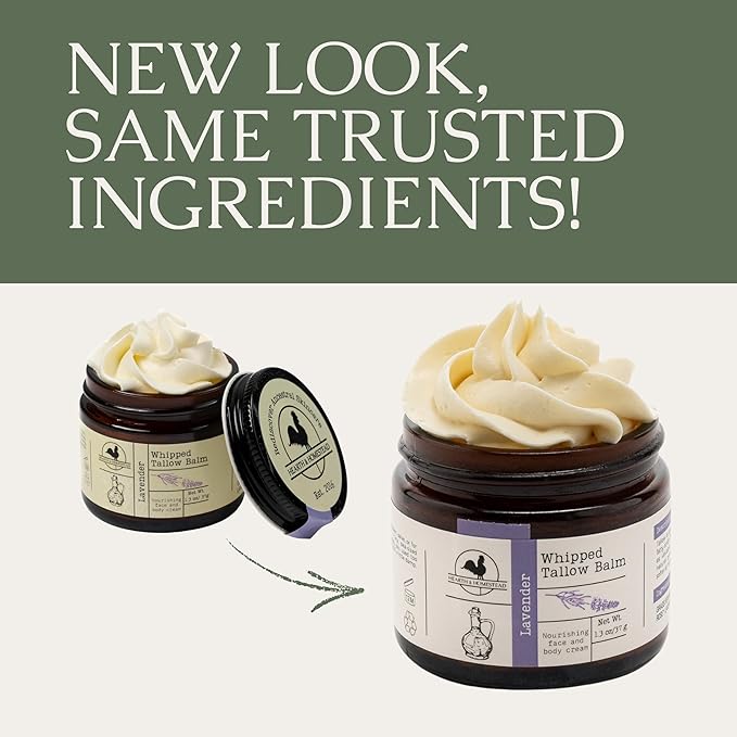 Hearth and Homestead: Handmade Whipped Tallow Balm, Organic, Moisturizer, Body Butter with Infused Olive Oil, for Eczema, Rosacea, Baby (Lavender)