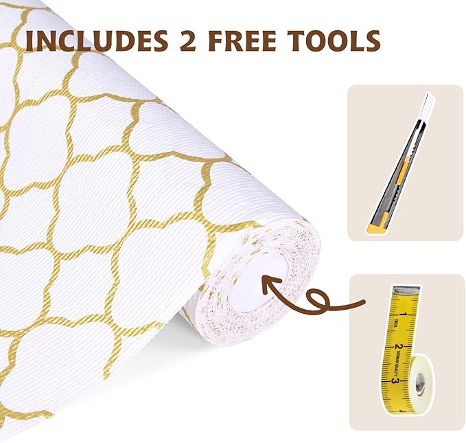 Shelf Liners for Kitchen Cabinets 17in x 20FT Non Adhesive Drawer Liner Gold Quatrefoil Thickened Shelf Liner Paper Strong Non-Slip Easy to Clean for Tool Box Refrigerator with Knife and Tape Measure