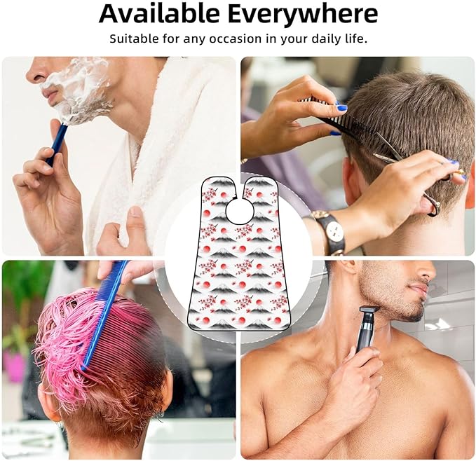 No-Slip Shaving Bib, Beard Grooming Apron with Strong Suction Cups, Japanese Blossom Watercolor Cherry Flower Mountain