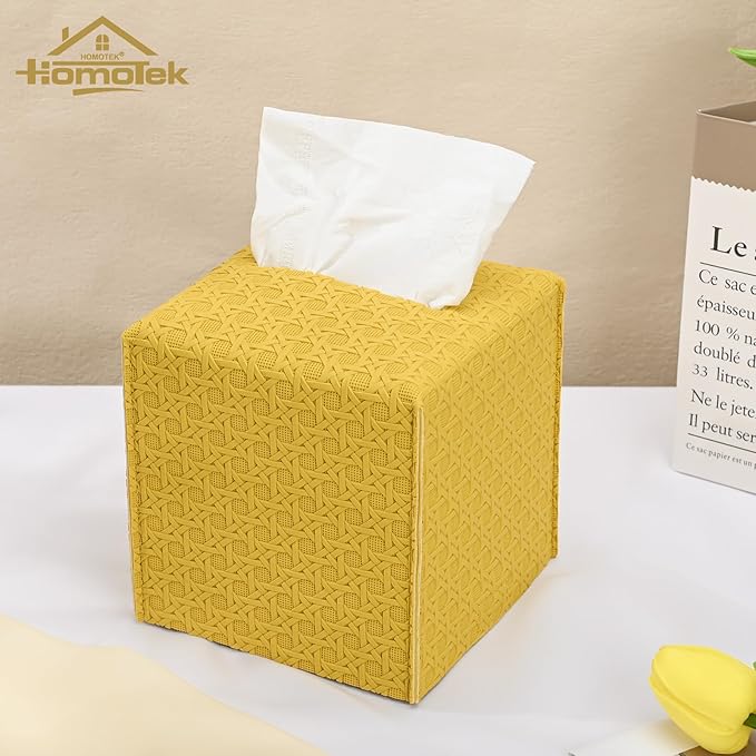HOMOTEK 2 Pack Tissue Box Cover, Square PU Leather Tissue Holder, Decorative Facial Tissue Cube Paper Organizer Dispenser for Bathroom, Night Stands, Desk, Car 5X5X5'' - Rattan Weave,Mango Yellow