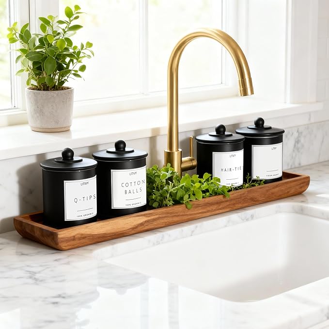 4 Pack Bathroom Organizers and Storage - 16 Oz Glass Qtip Holder & Cotton Pad Dispenser with Lid, Apothecary Jars for Home, Room Decor, Kitchen Organizer (Black)