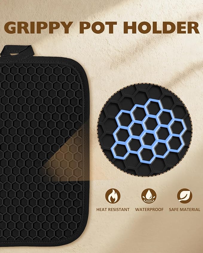 Slohif Silcone Paw Pot Holders for Kitchen - 100% Cotton Black Cute Oven Potholders with Pockets, Heat Resistant Square Thick Hot Pads, House New Home Baking Baker Gifts,2pack