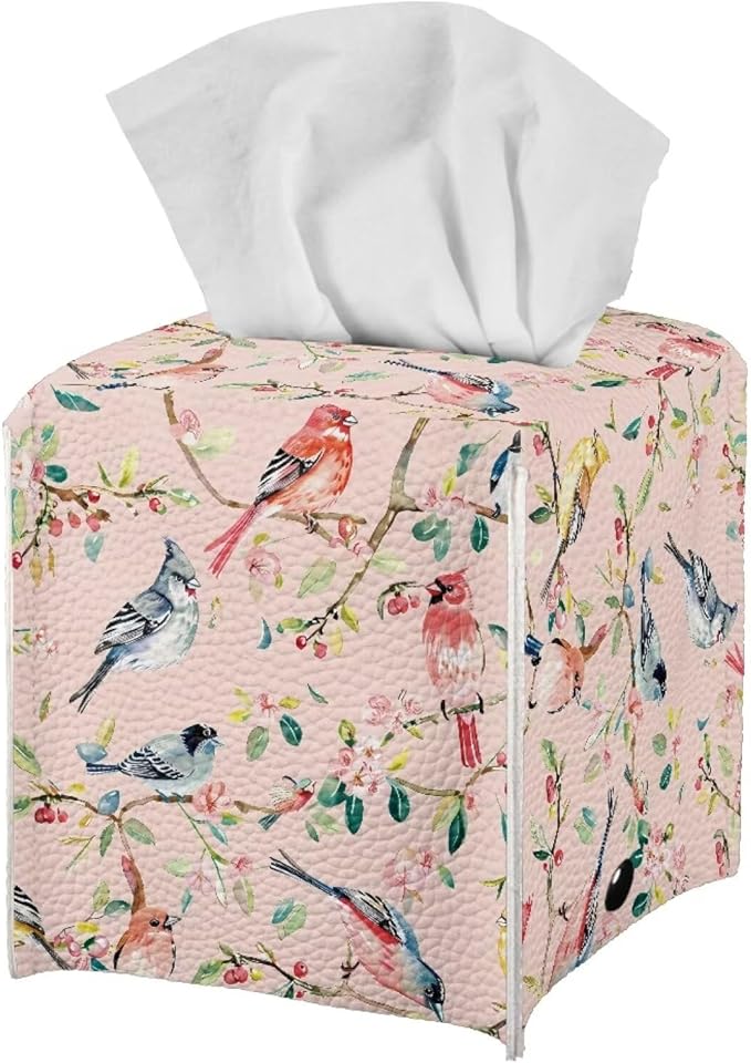 Bird Flowers Tissue Box Holder, PU Leather Square Napkin Cover with Metal Button, Waterproof Tissue Organizer for Nightstand, Dining Table, Office Desk, and Car Interior