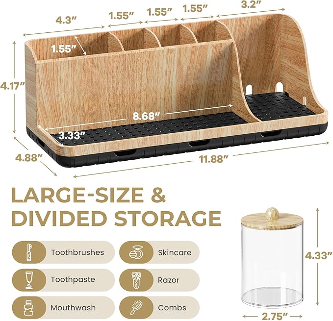 Bathroom Counter Organizer, Bathrooms Toothbrush Holder Set with 3 PCS Qtip Holder, Kids Electric Toothbrush and Toothpaste Holder Organizer Drainage for Bathroom Accessories (Wood Grain)